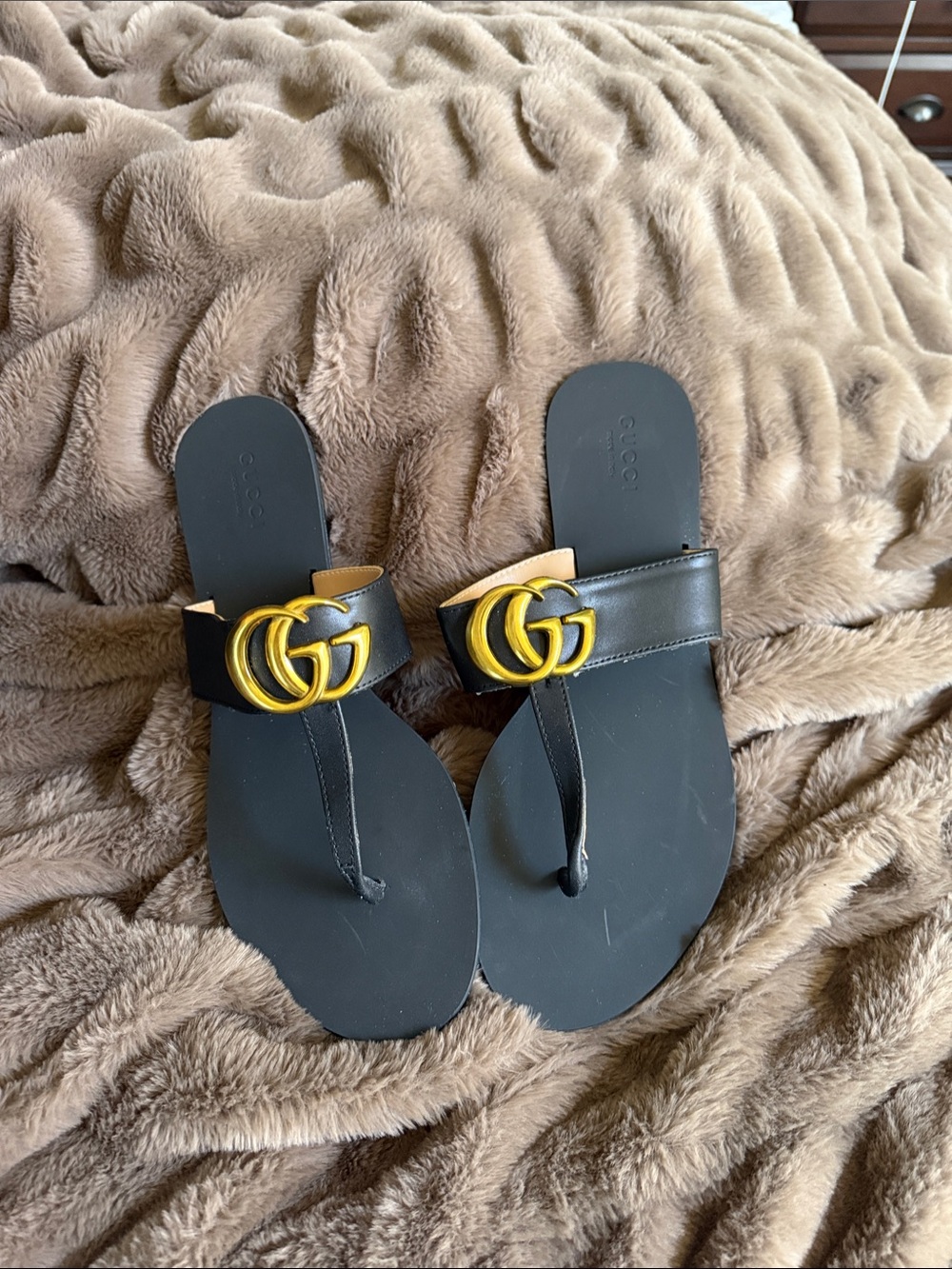 Black Leather Sandals with Gold Double G Accent